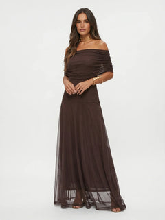Women's One Shoulder Draped Mesh Maxi Dress in Abstract Print