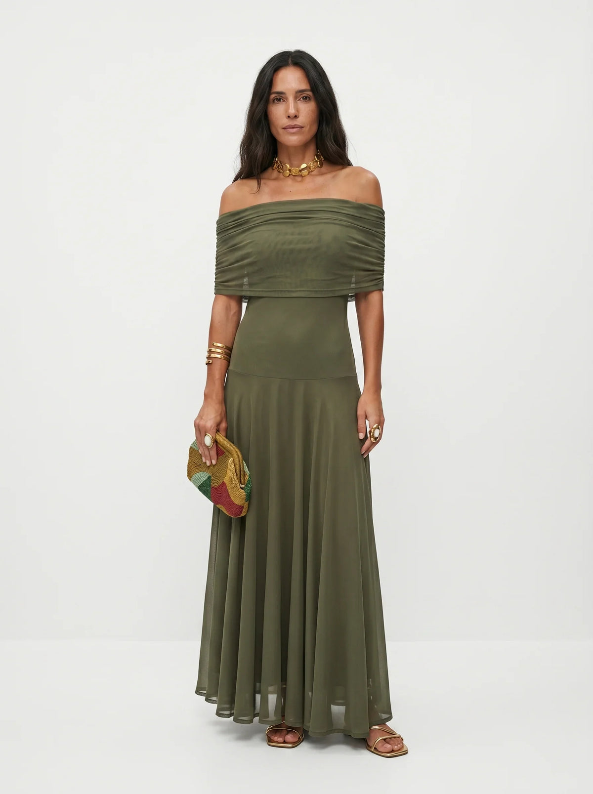 Women's One Shoulder Draped Mesh Maxi Dress in Abstract Print