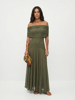 Women's One Shoulder Draped Mesh Maxi Dress in Abstract Print