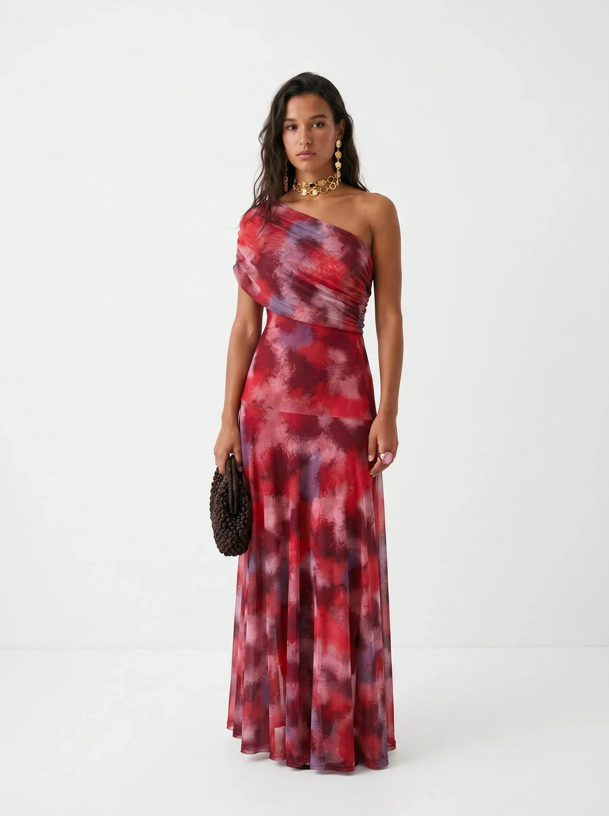 Women's One Shoulder Draped Mesh Maxi Dress in Abstract Print