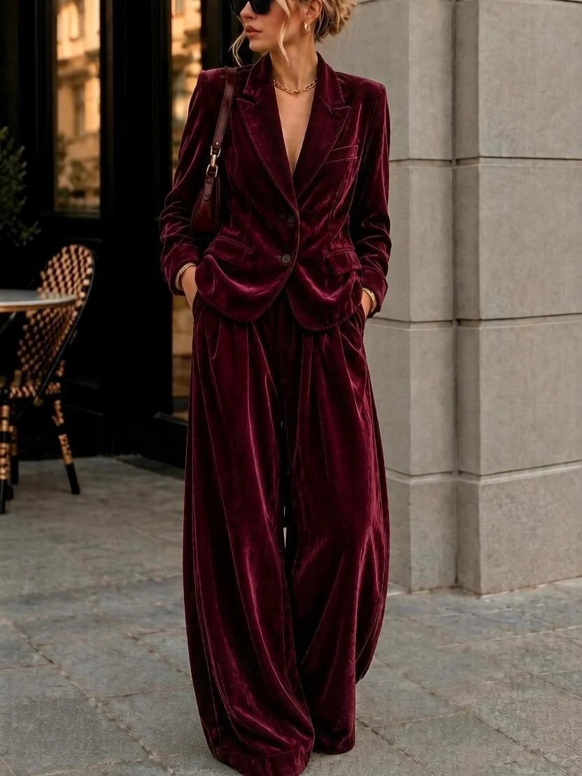 Women's Velvet Notch Lapel Blazer and Wide Leg Trousers Two Piece Suit Set [erp-image:f669ce2213b98dfdece9c562]