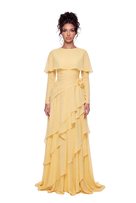 Pink Chiffon Cape Sleeve Tiered Ruffle Ruched Waist Maxi Evening Dress [erp-image:d86d149dcab2c7372b453c3b]
