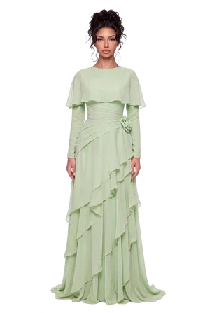 Pink Chiffon Cape Sleeve Tiered Ruffle Ruched Waist Maxi Evening Dress [erp-image:37cffe805be8a355cd7d2772]