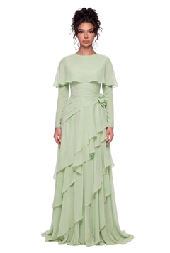 Pink Chiffon Cape Sleeve Tiered Ruffle Ruched Waist Maxi Evening Dress [erp-image:37cffe805be8a355cd7d2772]