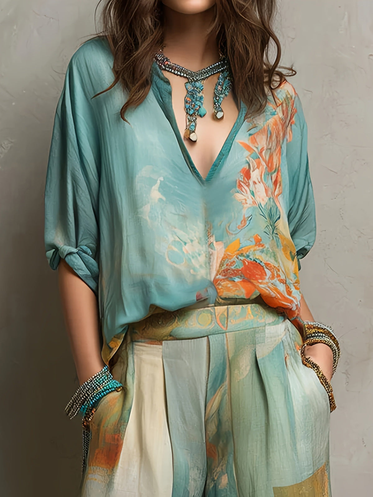 Watercolor Floral V-Neck Blouse & High-Waist Wide-Leg Pants Set