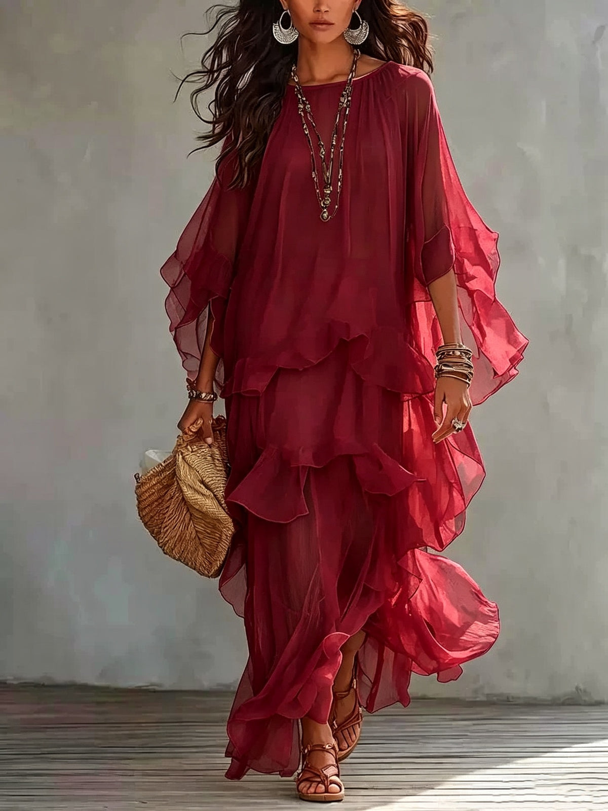 Boho Ruffled Tiered Maxi Dress With Batwing Sleeves