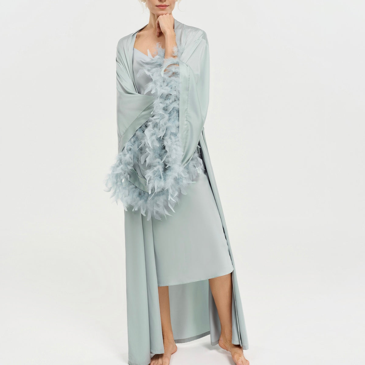 Luxury Satin Feather Sleeve Long Nightgown And Slip Skirt Set