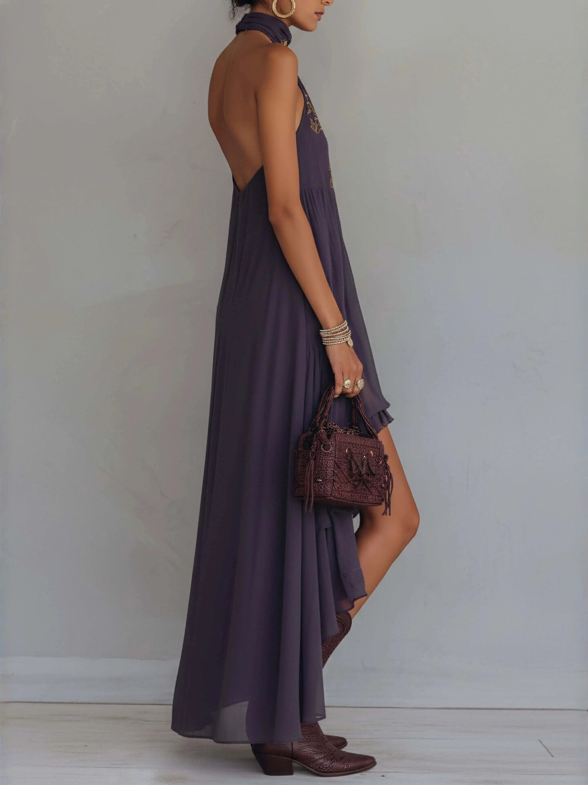 Bohemian High Neck Sleeveless Embroidered Asymmetrical Ruffle Maxi Dress