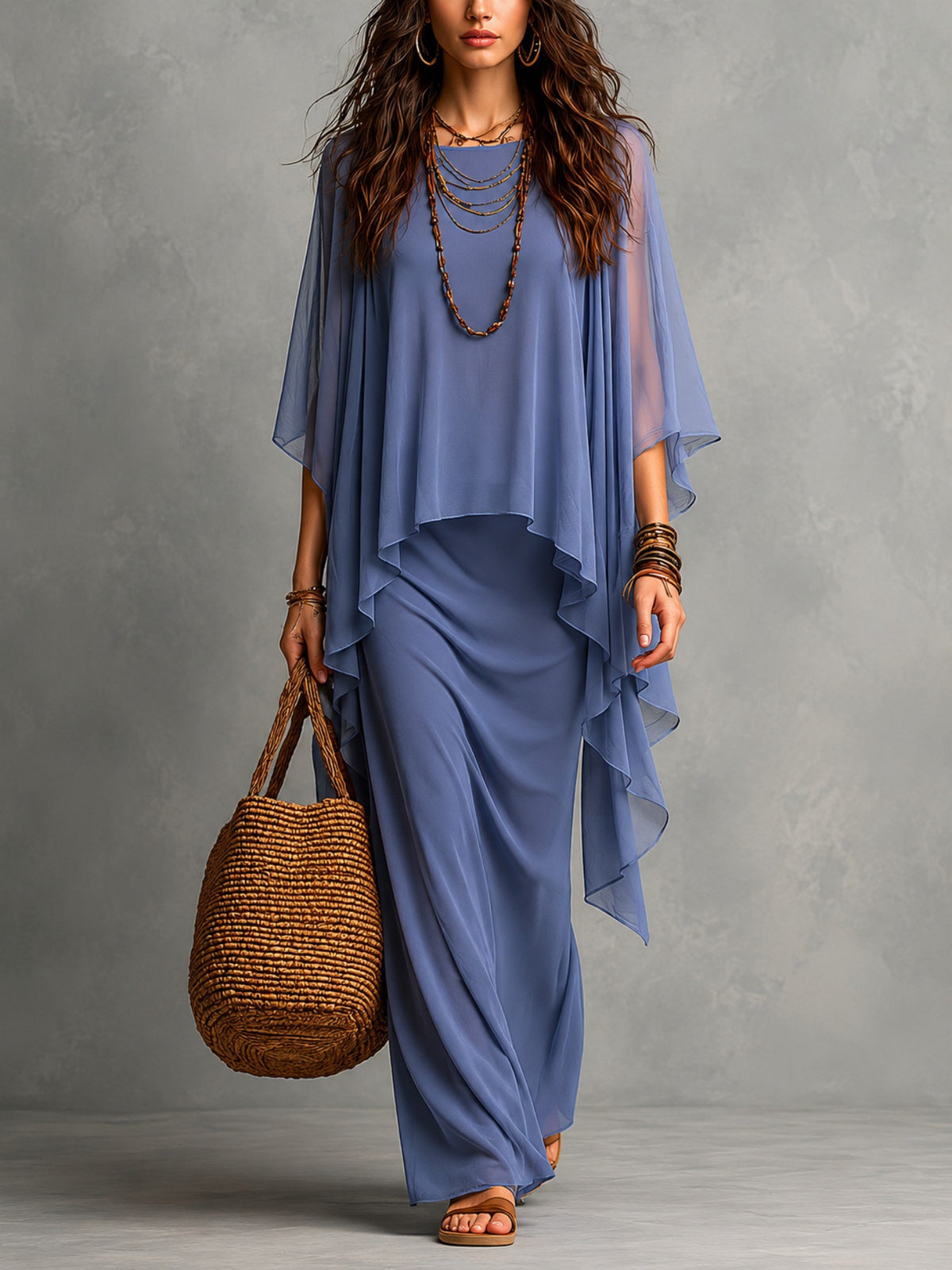 Elegant Chiffon Cape Two-Piece Maxi Dress Set