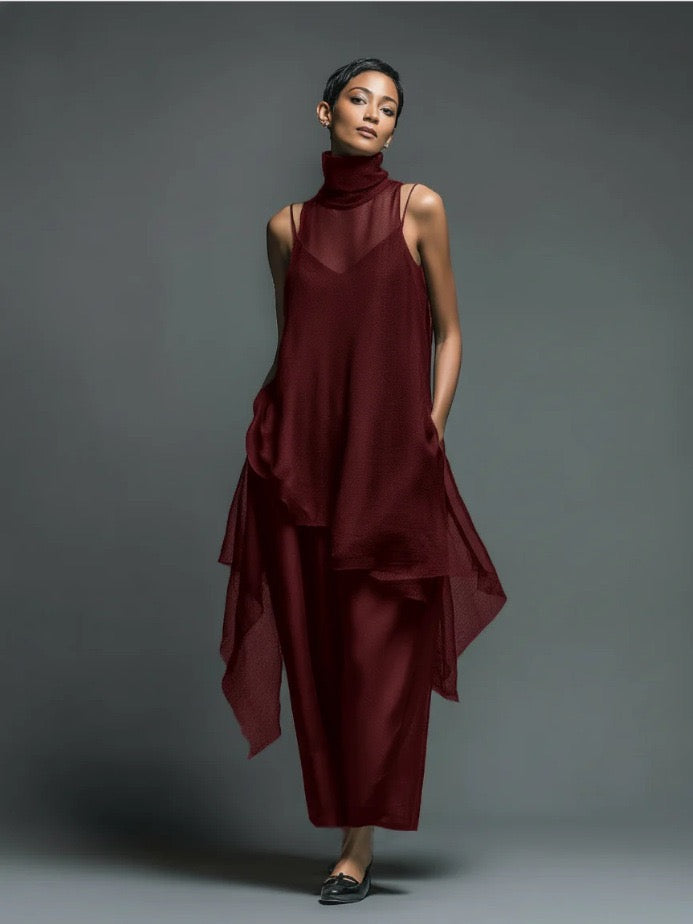 Minimalist High-Neck Sheer Overlay & Slip Dress Two-Piece Set