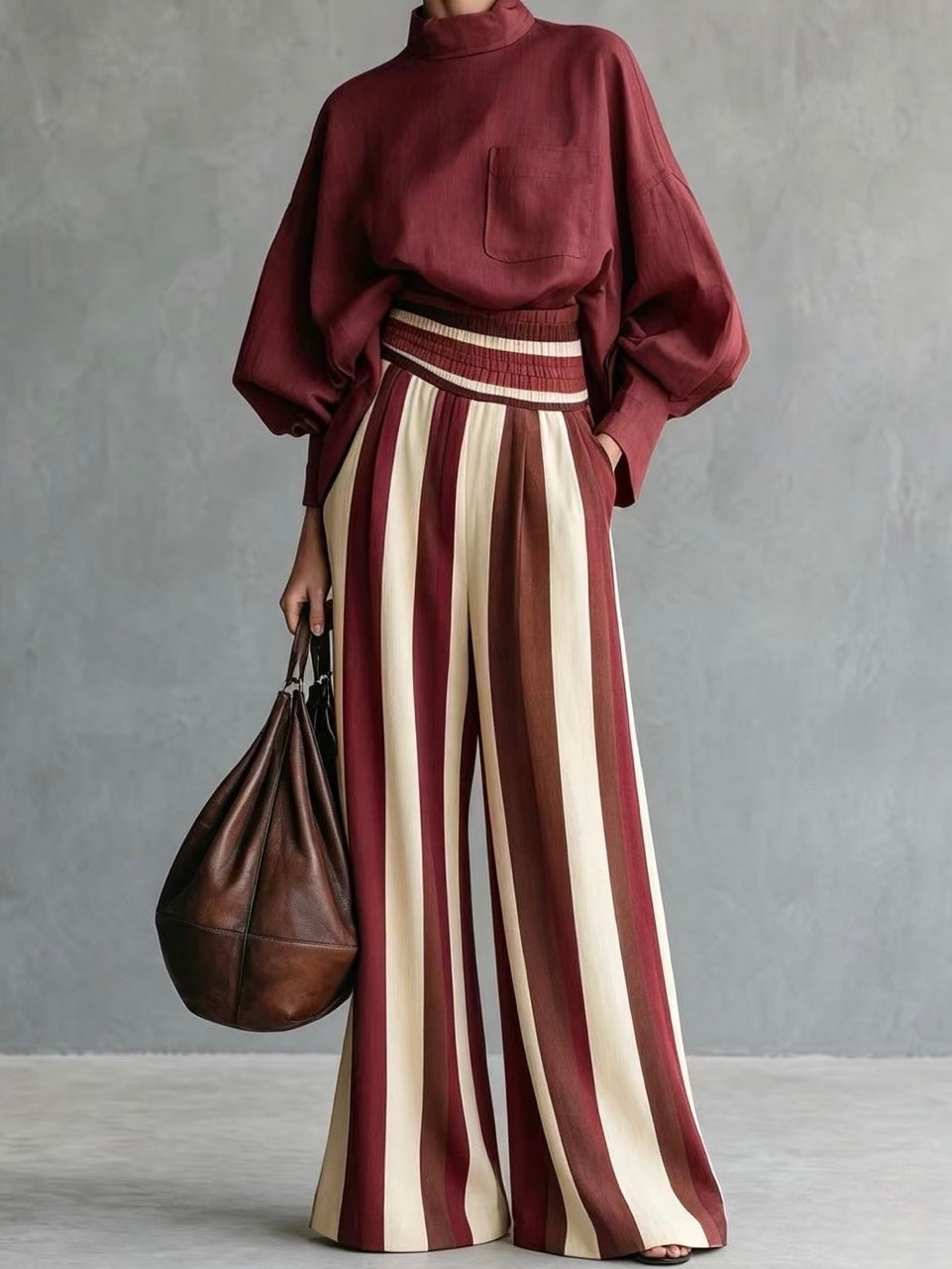 Vintage Striped High-Waisted Wide-Leg Pants Two-Piece Set