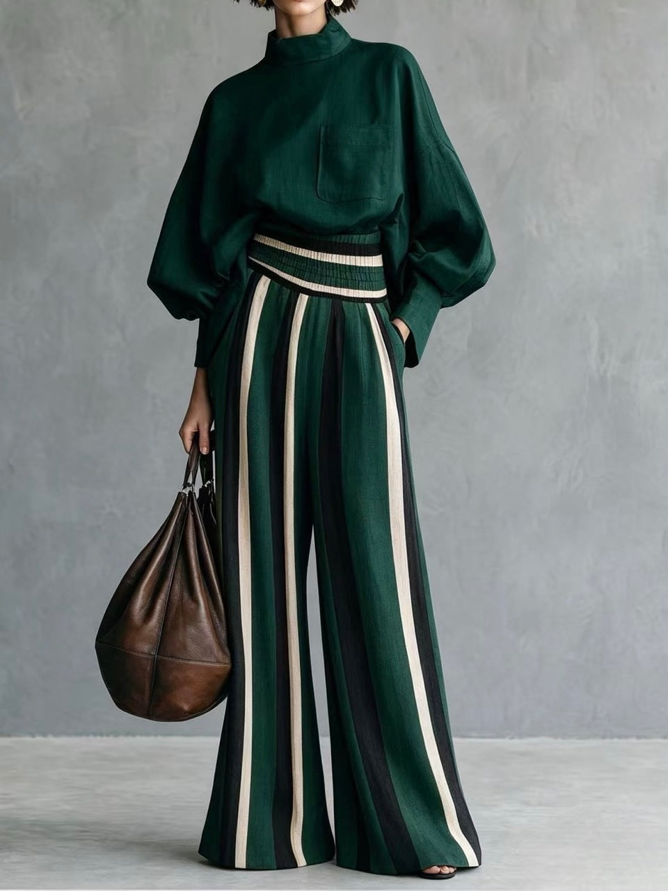 Vintage Striped High-Waisted Wide-Leg Pants Two-Piece Set