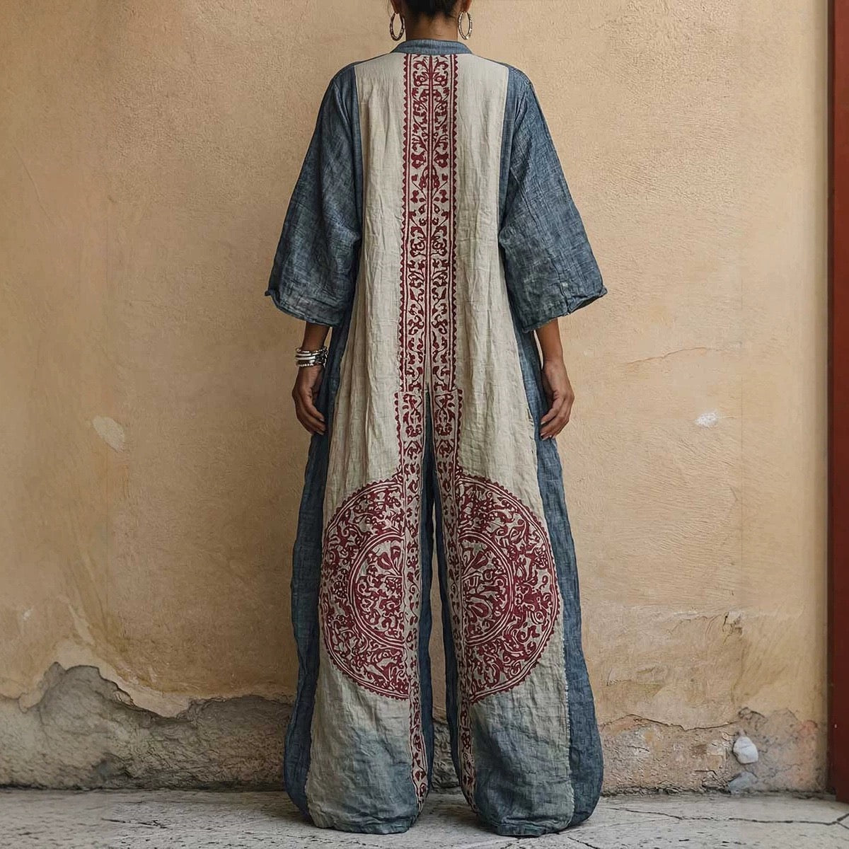 Bohemian Print Loose-Fit Jumpsuit With Wide-Leg & V-Neck