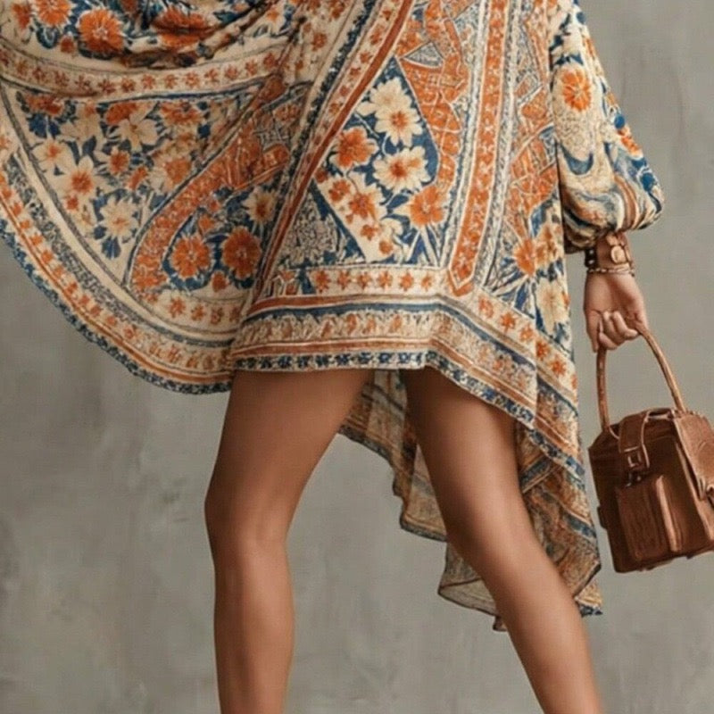 Bohemian Retro Print High-Neck Poncho Dress With Bell Sleeves & Asymmetrical Hem