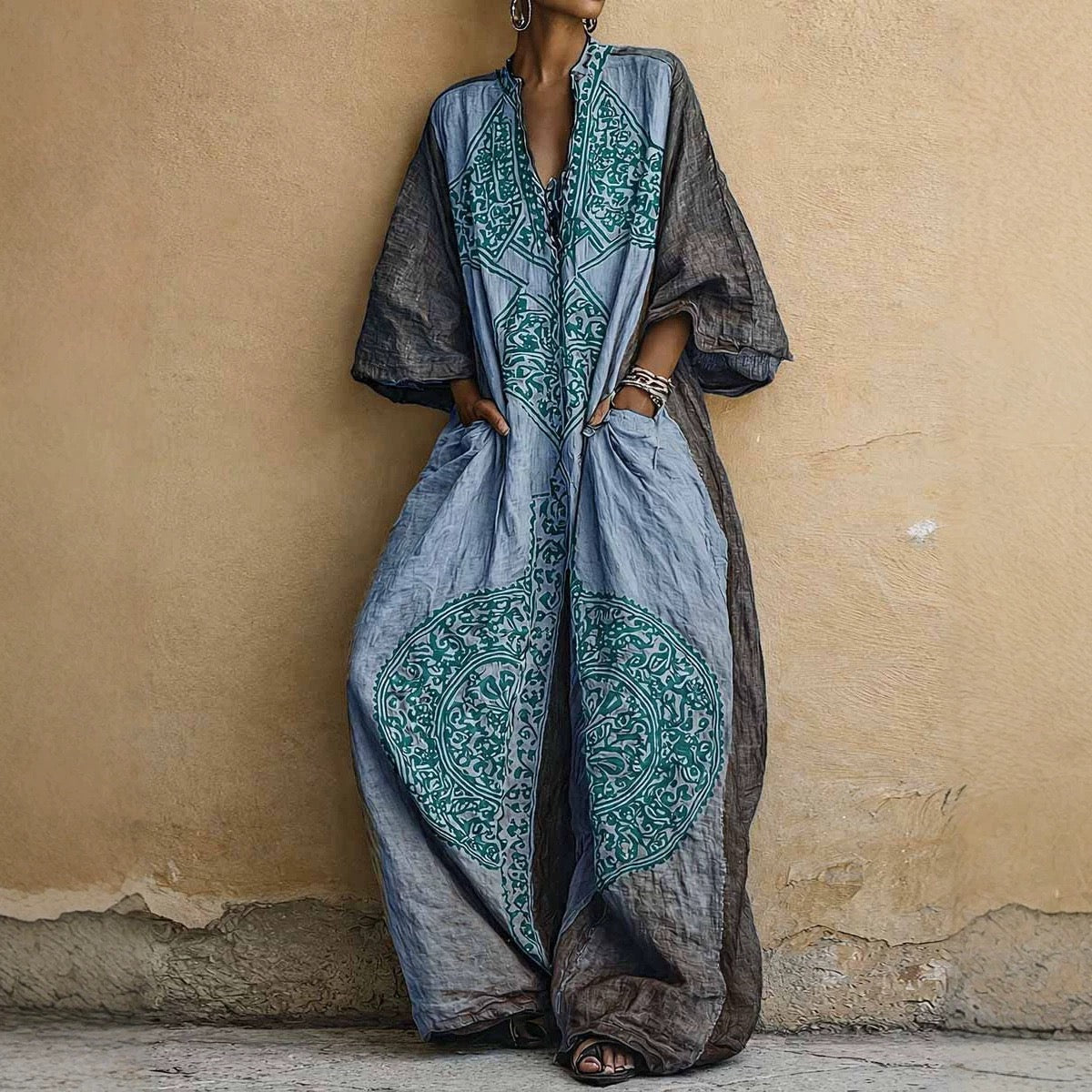 Bohemian Print Loose-Fit Jumpsuit With Wide-Leg & V-Neck