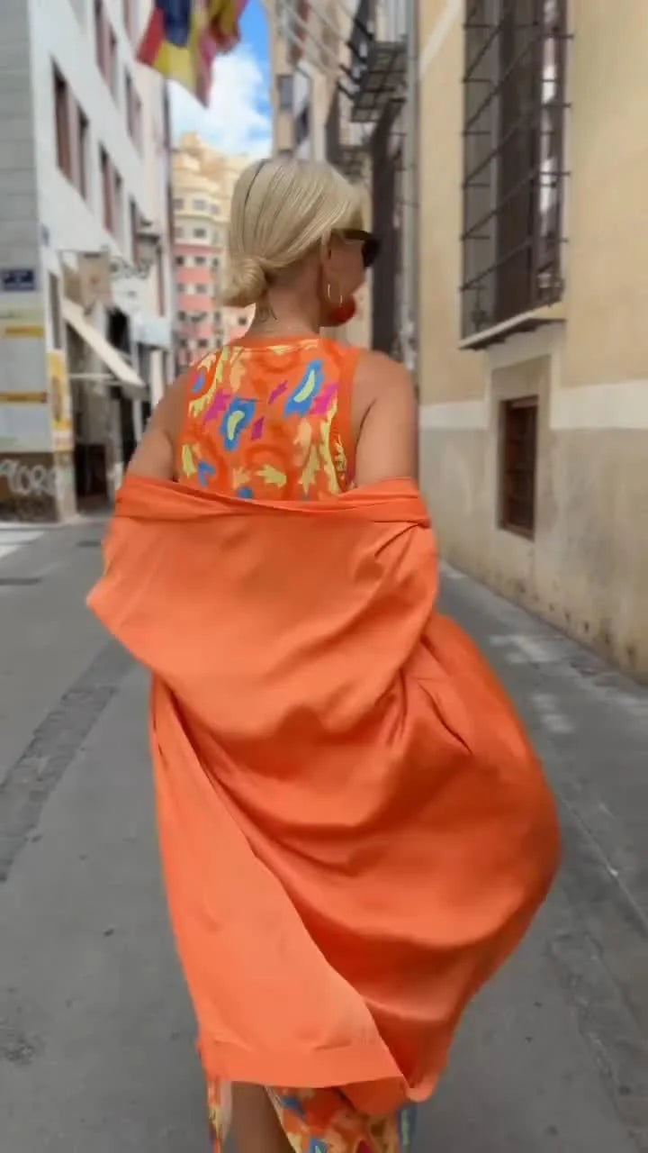 Women's Orange Boho Print Sleeveless Maxi Dress and Long Cardigan Two Piece Outfit Set [erp-image:51f20352f99347507f45439f]