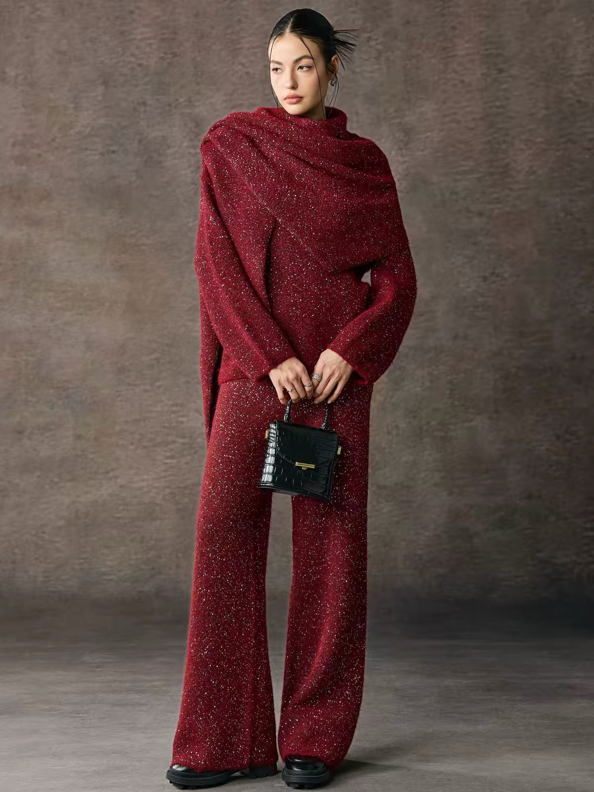Sparkle Knit Cape-Neck Wide-Leg Pants Set