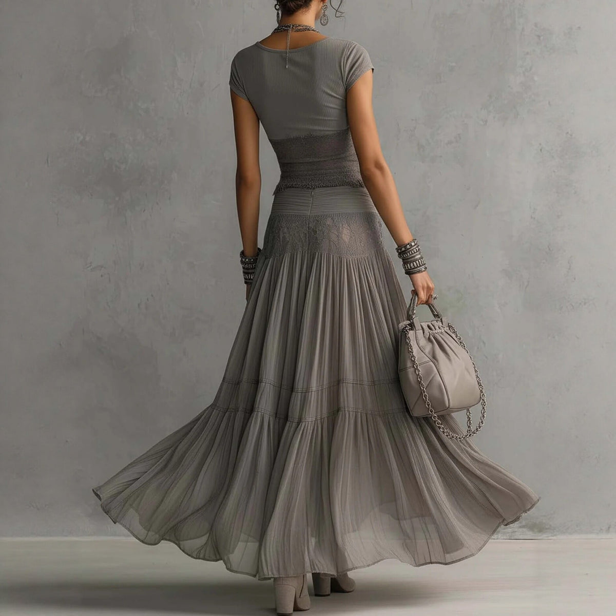Boho Lace-Trim Knit Crop Top & Tiered Chiffon Maxi Skirt Two-Piece Set