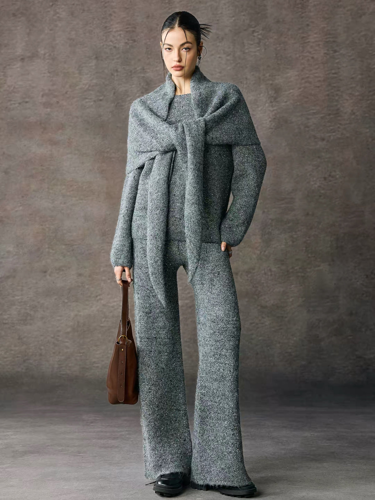 Sparkle Knit Cape-Neck Wide-Leg Pants Set