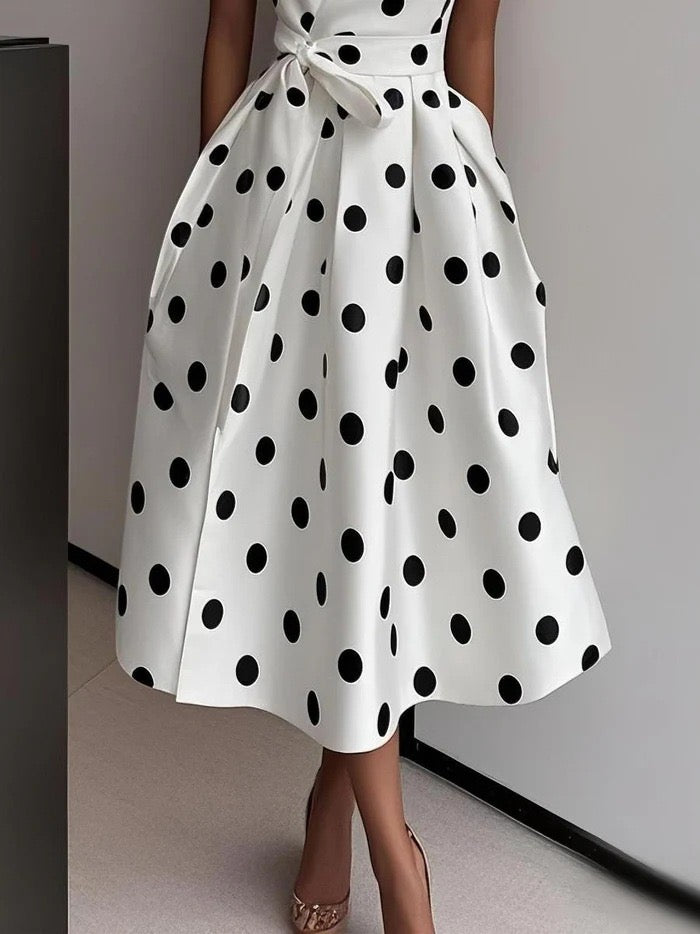 Vintage Polka Dot Sleeveless V-Neck Swing Dress With Tie Waist