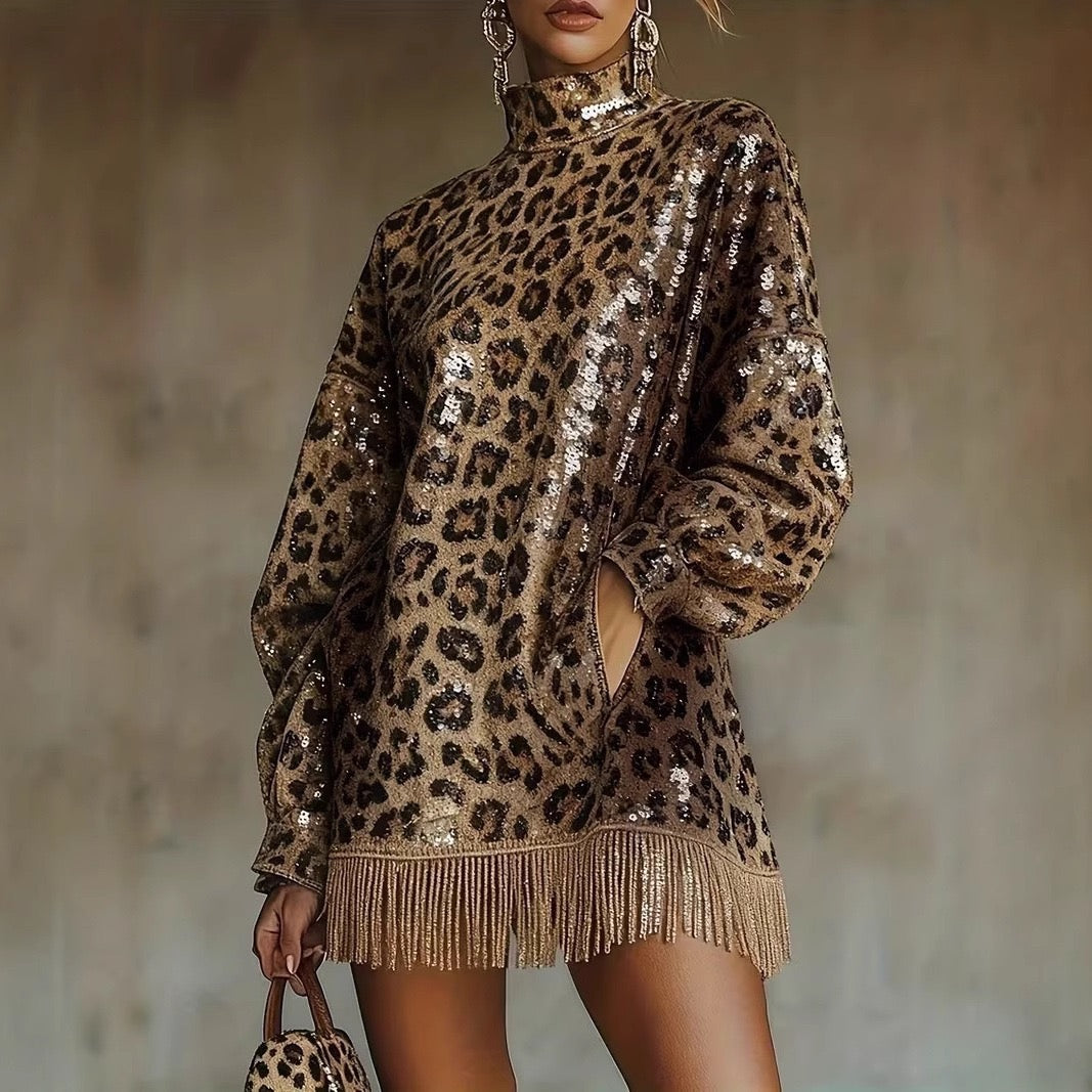 Metallic Bronze Leopard Sequin High Neck Tassel Mini Dress