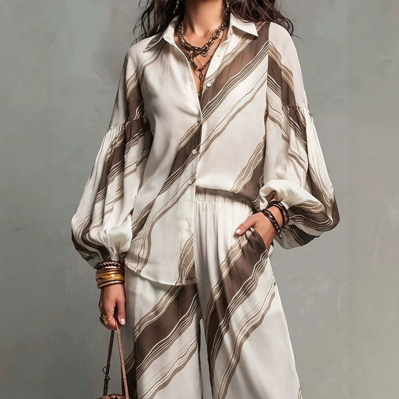 Retro Stripe Balloon Sleeve Shirt & Wide Leg Pants Two-Piece Set