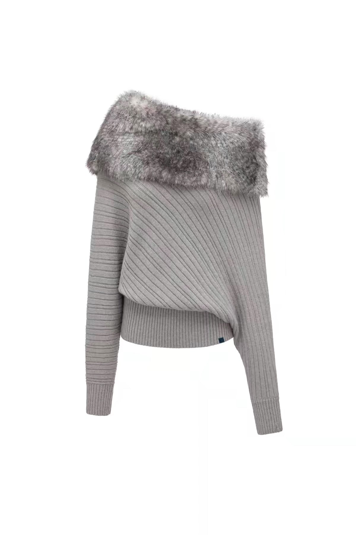 Gray Off-Shoulder Faux Fur Trim Knit Sweater & Mermaid Skirt Set