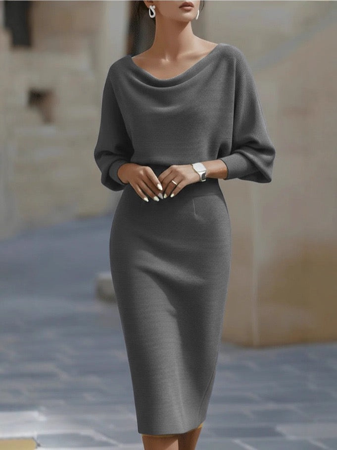 Elegant Cowl Neck Batwing Sleeve Ribbed Knit Midi Dress