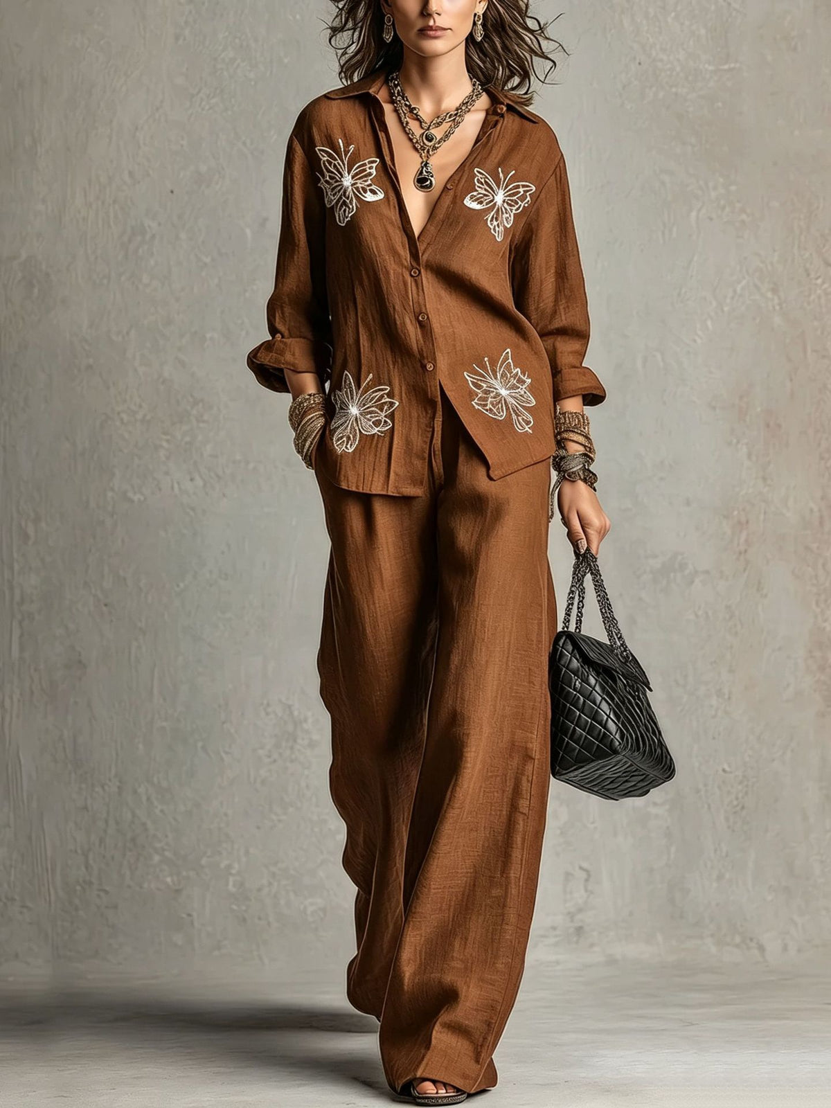 Vintage Butterfly Embroidered Linen Shirt & Wide-Leg Pants Two-Piece Set