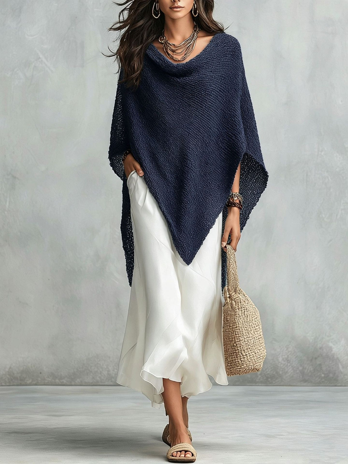 Knitted Shawl Loose Blouse Women's Autumn Holiday Solid Color Bat Sleeve Top With White Dress Set
