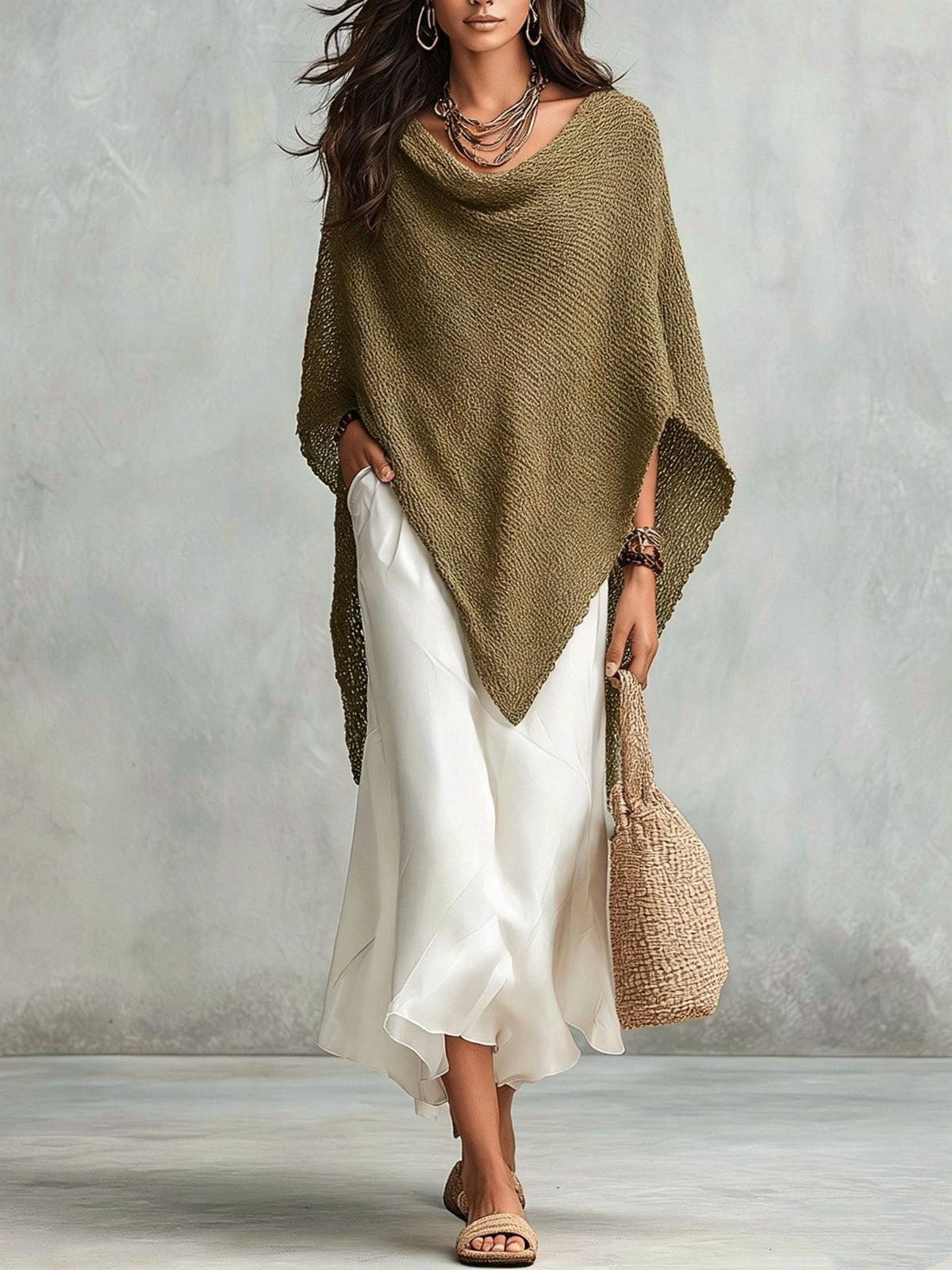 Knitted Shawl Loose Blouse Women's Autumn Holiday Solid Color Bat Sleeve Top With White Dress Set