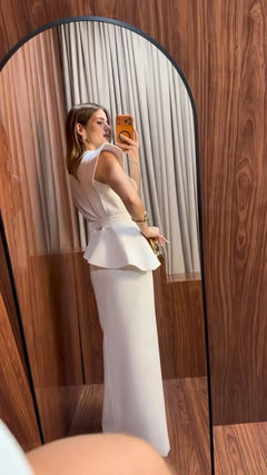 V-Neck Sculptural Shoulder Peplum Maxi Dress with Slit and Statement Belt [erp-image:78839c8e625a3ac4797b3baa]