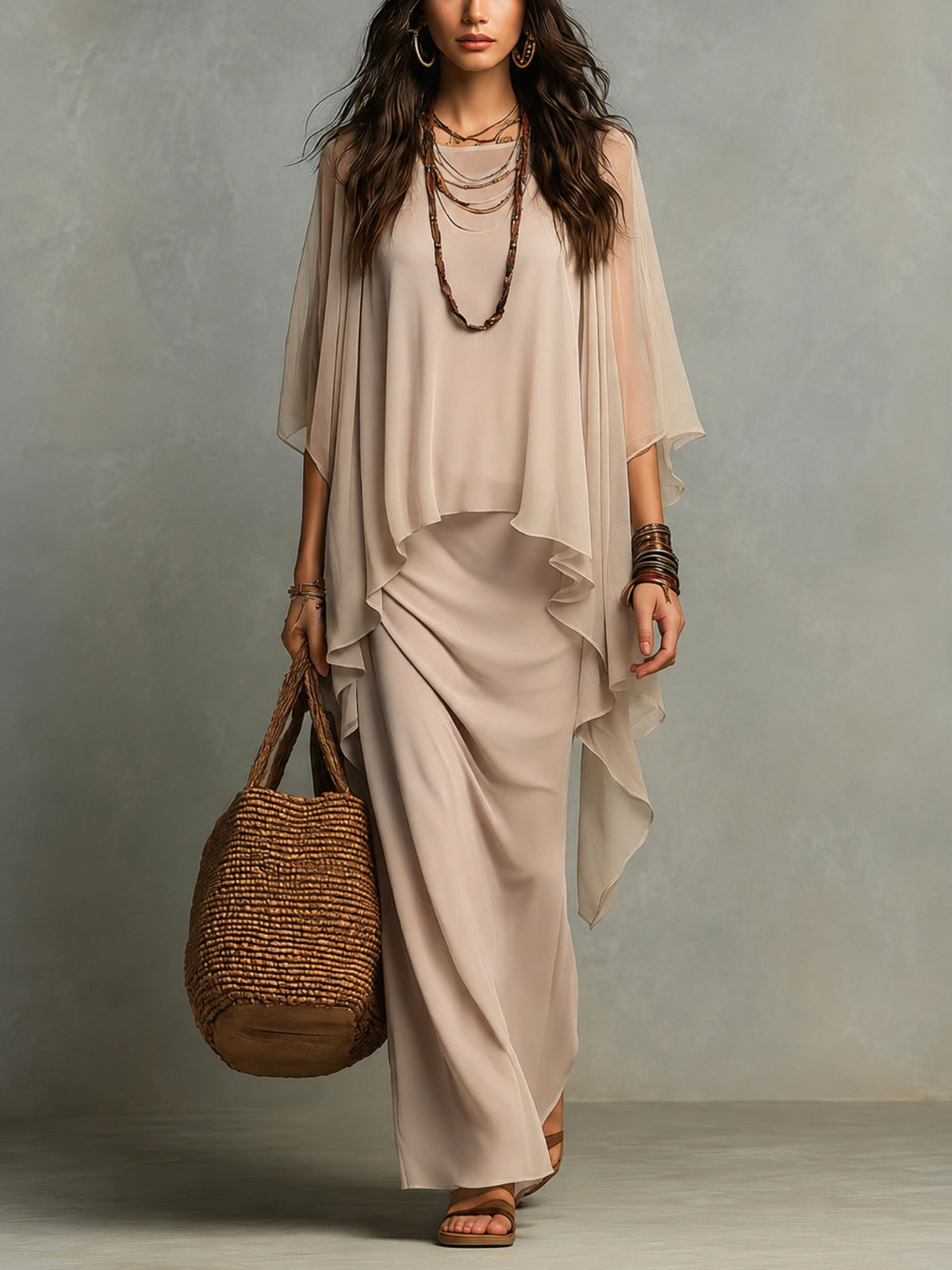 Elegant Chiffon Cape Two-Piece Maxi Dress Set