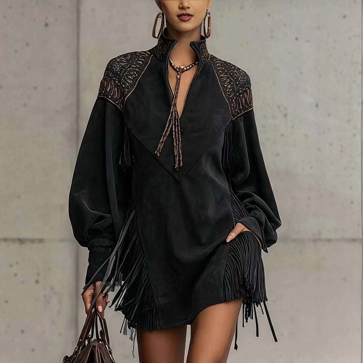 Bohemian Fringe Embroidered Long Sleeve V-Neck Mini Dress