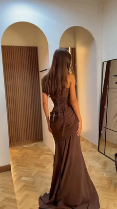 Brown Asymmetric Corset Lace-Up Draped Mermaid Maxi Evening Dress [erp-image:553a8792a936d170e644ca7f]