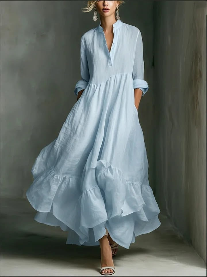 Elegant Stand Collar Long Sleeve Tiered Ruffle Linen Maxi Dress