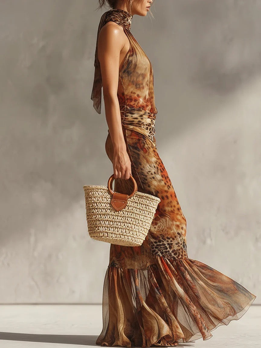 Vintage Leopard Print Halter Neck Mermaid Maxi Dress With Ruched Waist