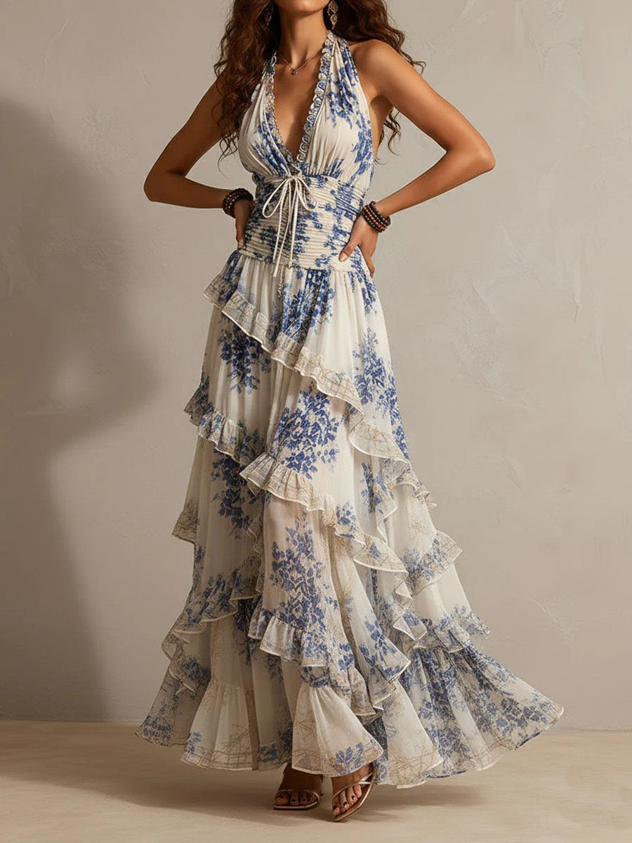 Boho Blue Floral Halter Deep V Ruched Waist Tiered Ruffle Maxi Dress