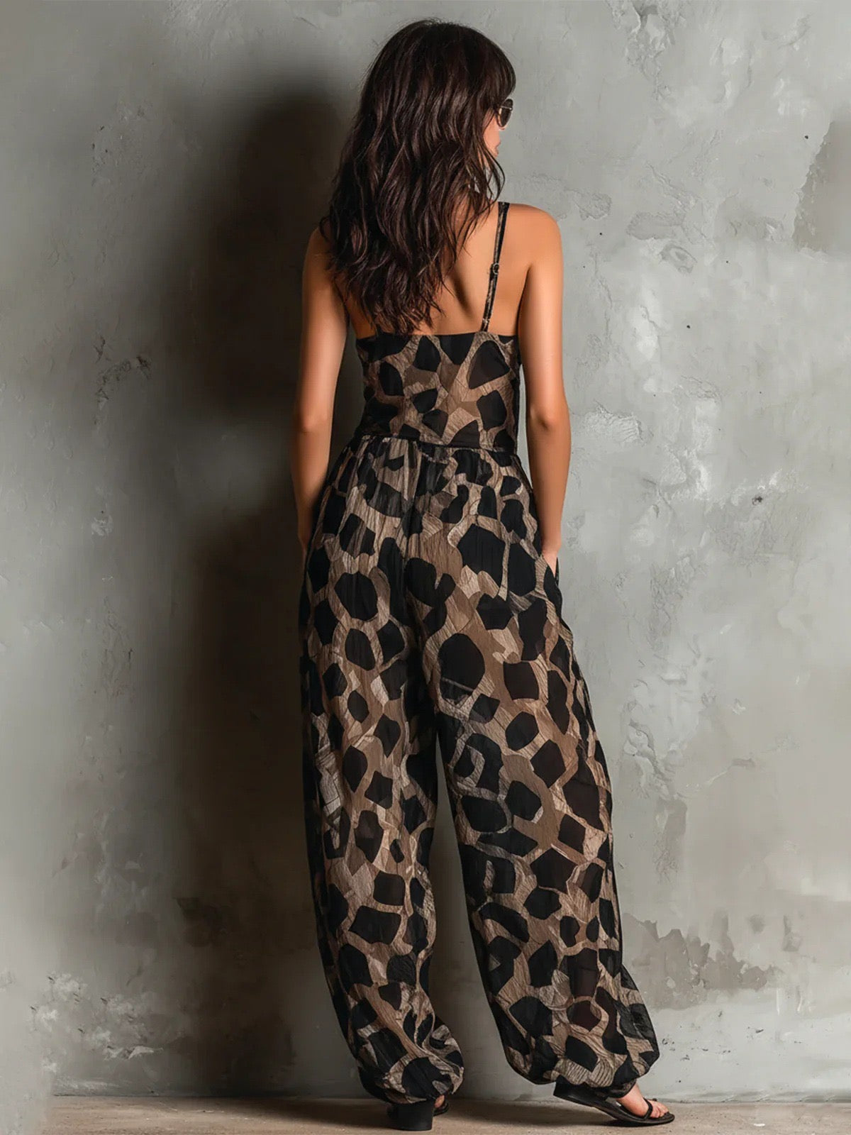 Retro Leopard Print Deep V-Neck Knot-Front Spaghetti Strap Jumpsuit