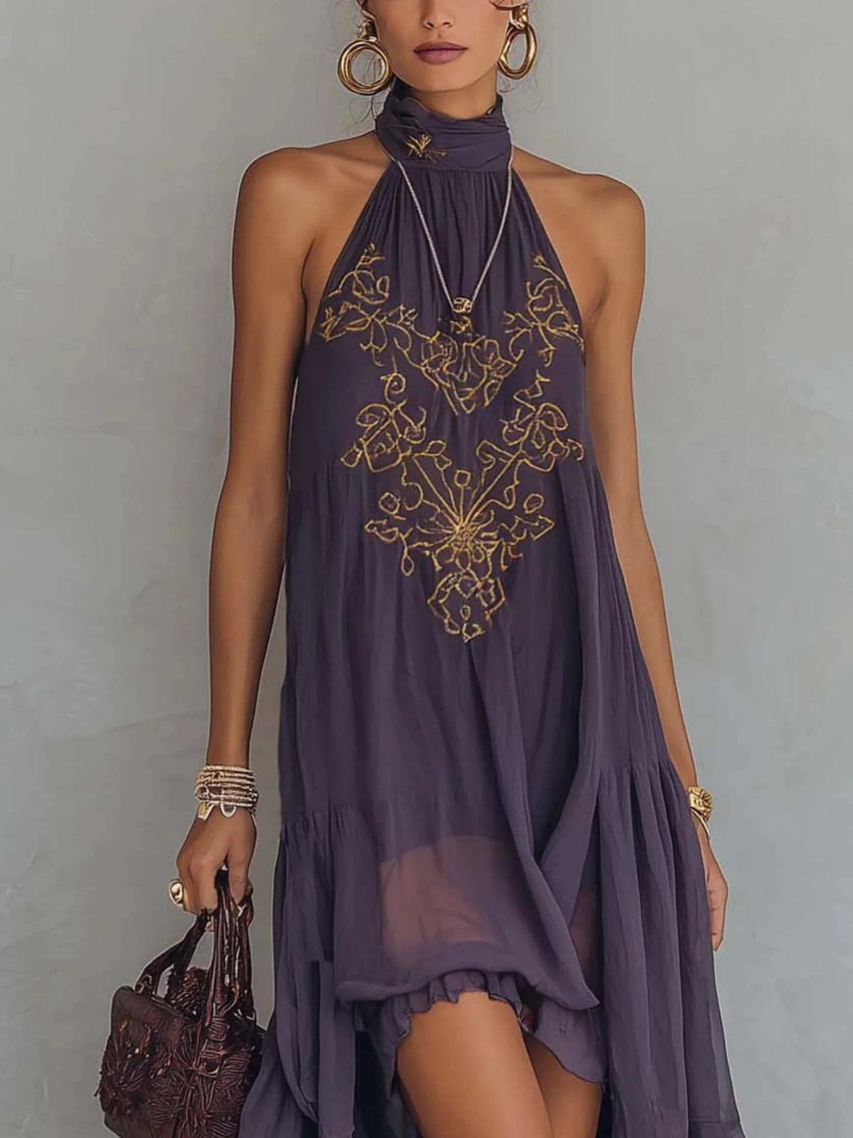 Bohemian High Neck Sleeveless Embroidered Asymmetrical Ruffle Maxi Dress