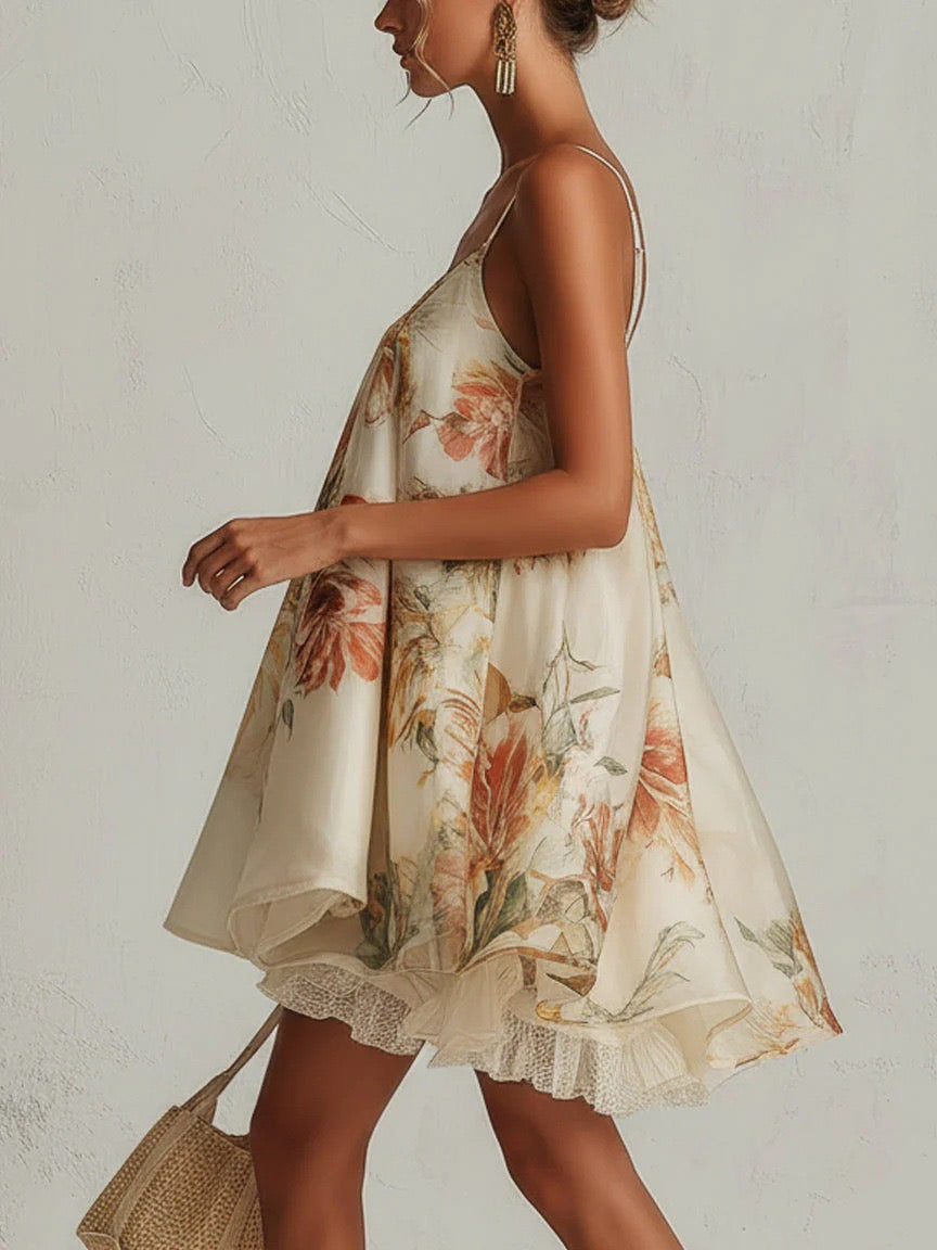 Romantic Floral Print Cami Dress With Ruffled Hem & French Lace Trim