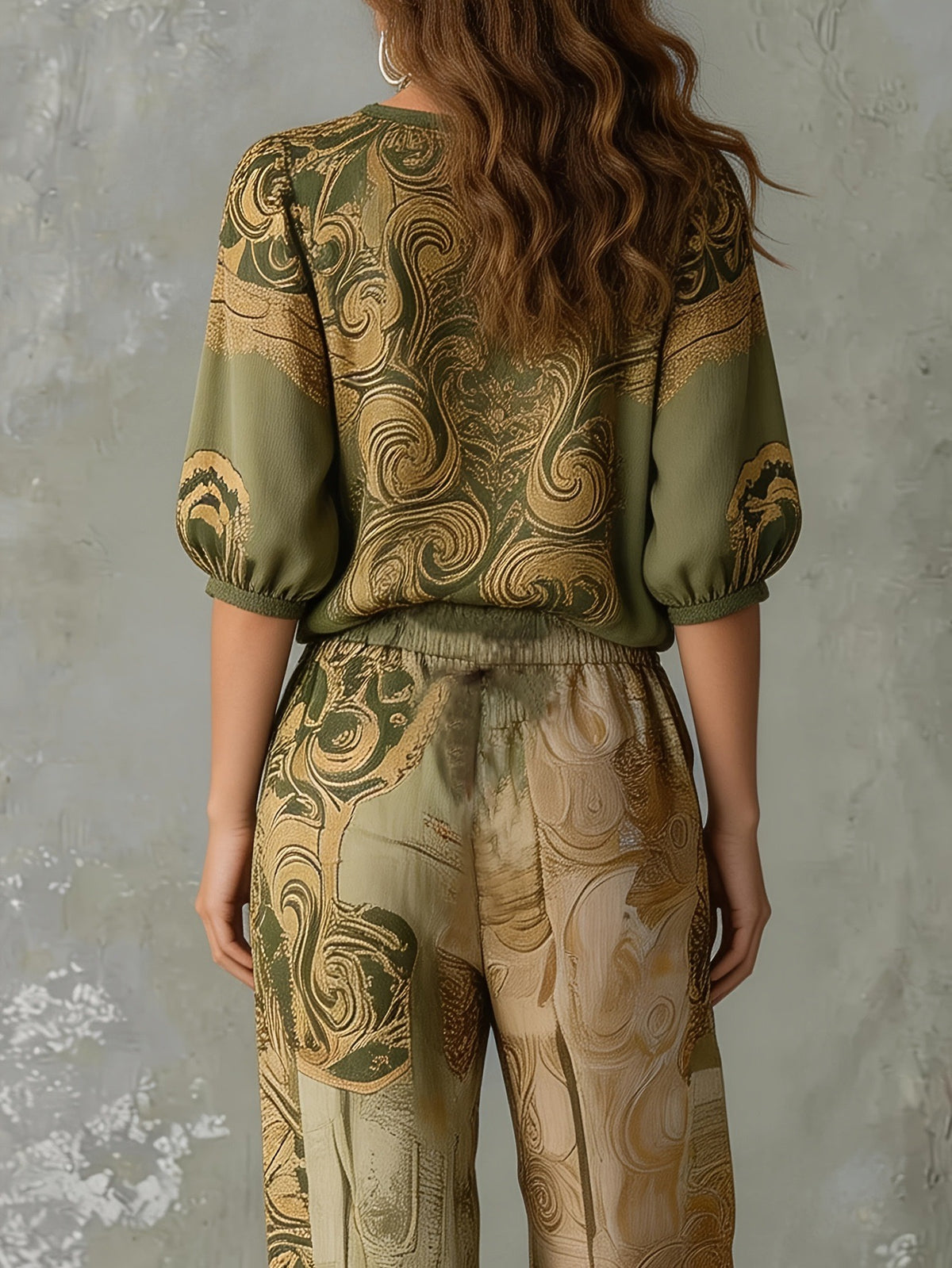 Bohemian Print V-Neck Top & Wide Leg Pants Two-Piece Set