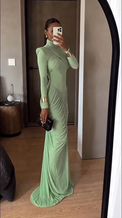 Sage Green Shoulder Pad Cross Neck Ruched Long Sleeve Maxi Dress [erp-image:ae01f0e964b278e7e87716c3]