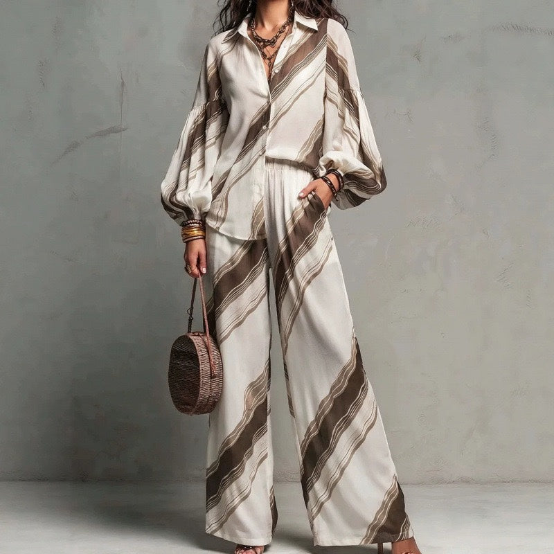 Retro Stripe Balloon Sleeve Shirt & Wide Leg Pants Two-Piece Set
