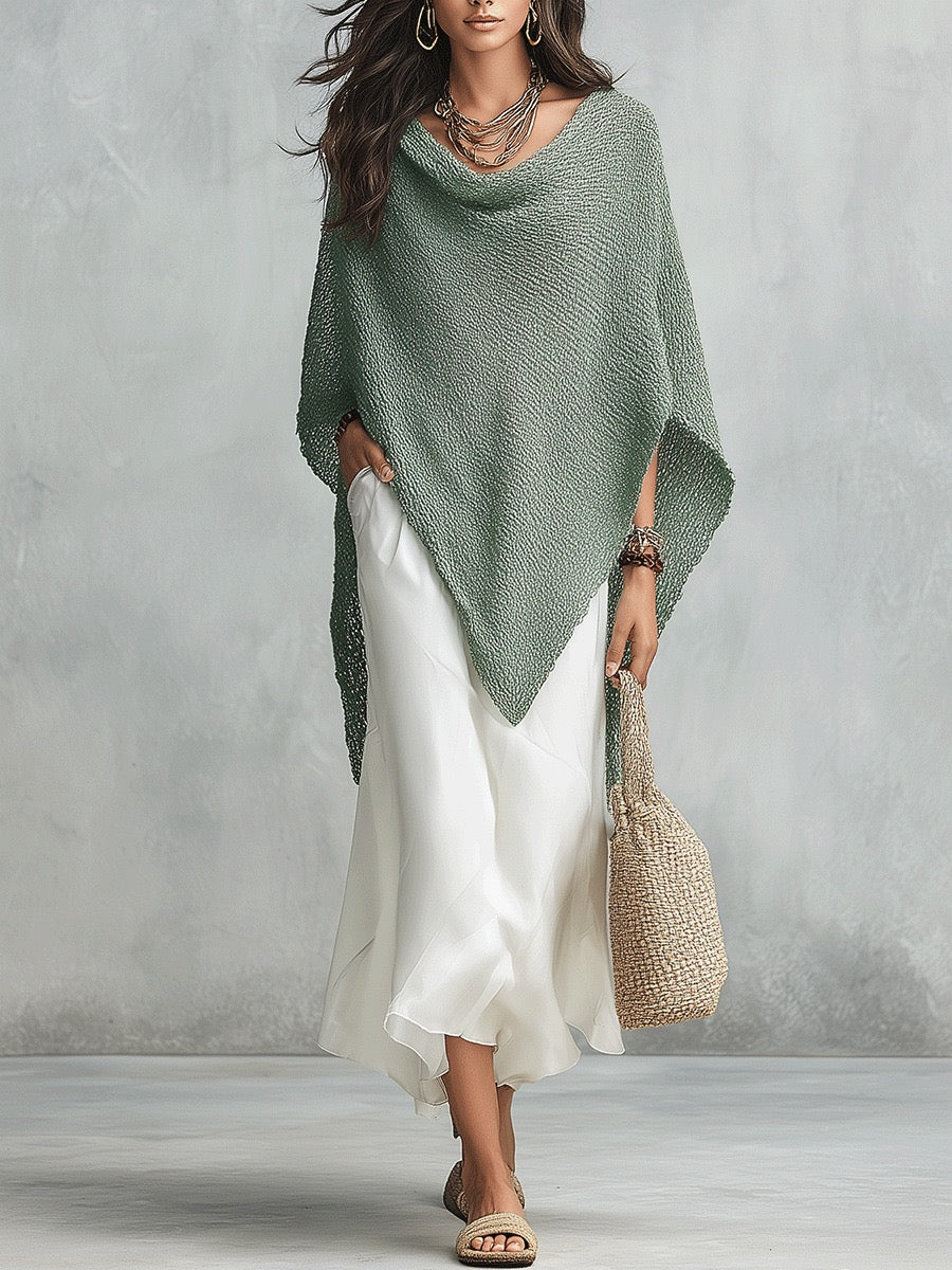 Knitted Shawl Loose Blouse Women's Autumn Holiday Solid Color Bat Sleeve Top With White Dress Set