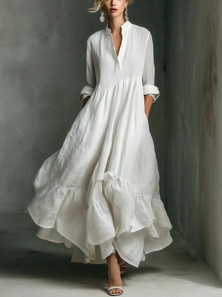 Elegant Stand Collar Long Sleeve Tiered Ruffle Linen Maxi Dress