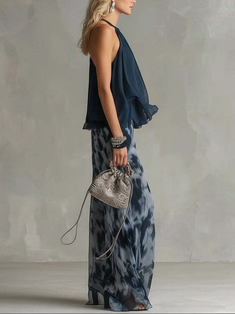 Navy Halter Neck Ruffle Top & Tie-Dye Print Wide-Leg Pants Set