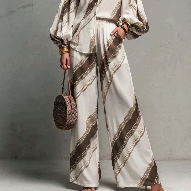 Retro Stripe Balloon Sleeve Shirt & Wide Leg Pants Two-Piece Set