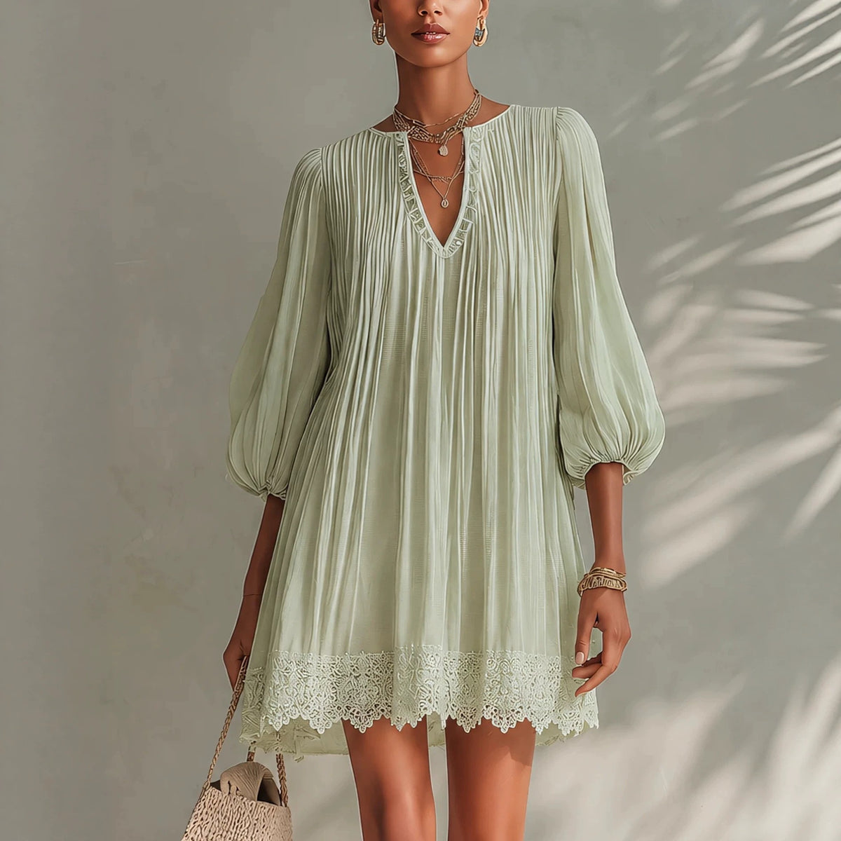 Sage Green Pleated V-Neck Lantern Sleeve Lace Trim Mini Dress