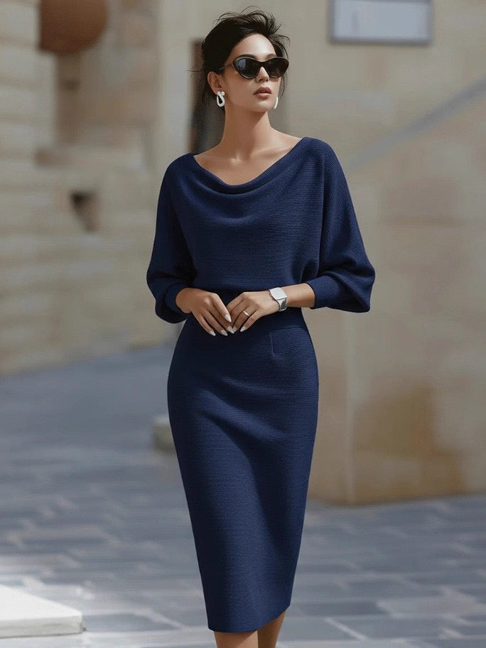 Elegant Cowl Neck Batwing Sleeve Ribbed Knit Midi Dress